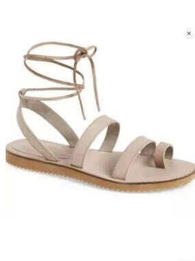 Eileen Fisher Size 10 Wales Strappy Flat Sandals Ankle Wrap Tie Beige Taupe Tan